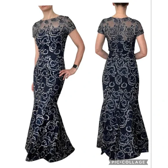 DAVID MEISTER FLORAL JACQUARD FULL LENGTH GOWN Women Size 2 - Picture 2 of 16